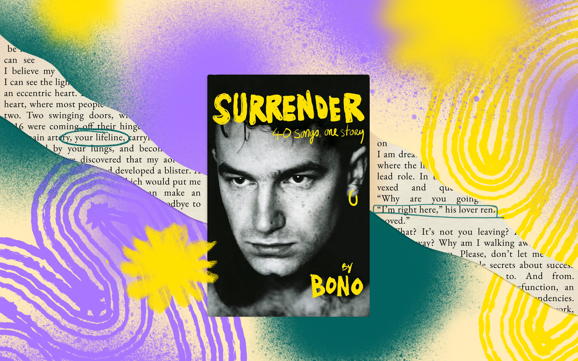 The book cover for Surrender by Bono on an illustrated background.