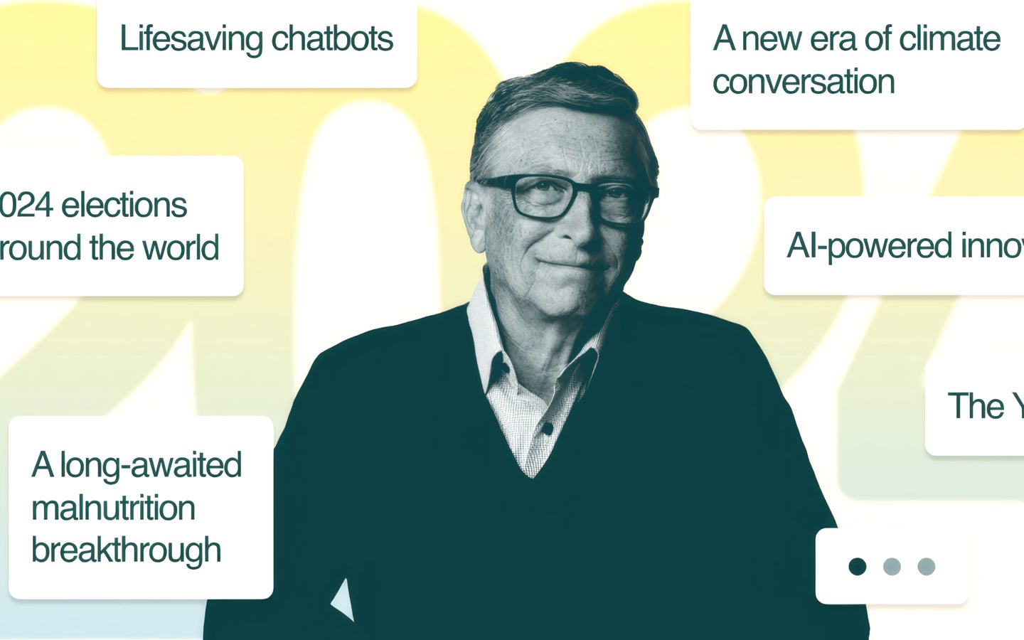 Photo of Bill Gates with 2024 and text box graphics.