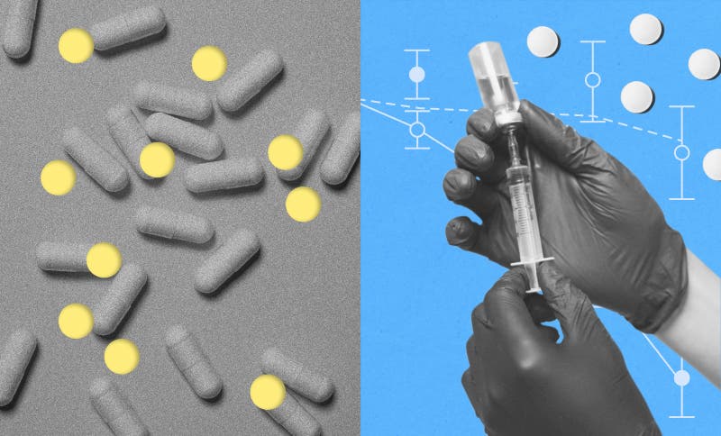 Graphic of pills, yellow dots, and hands wearing medical gloves holding a needle drawing from a vial.
