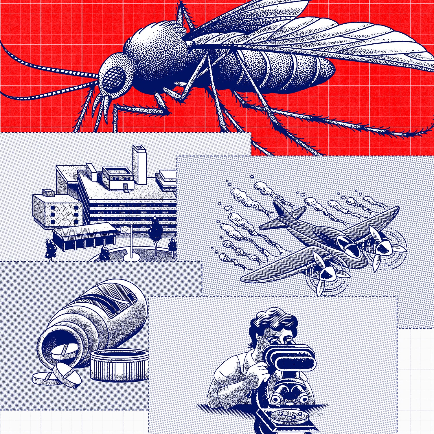 An illustration of a mosquito and images related to malaria elimination in the U.S.