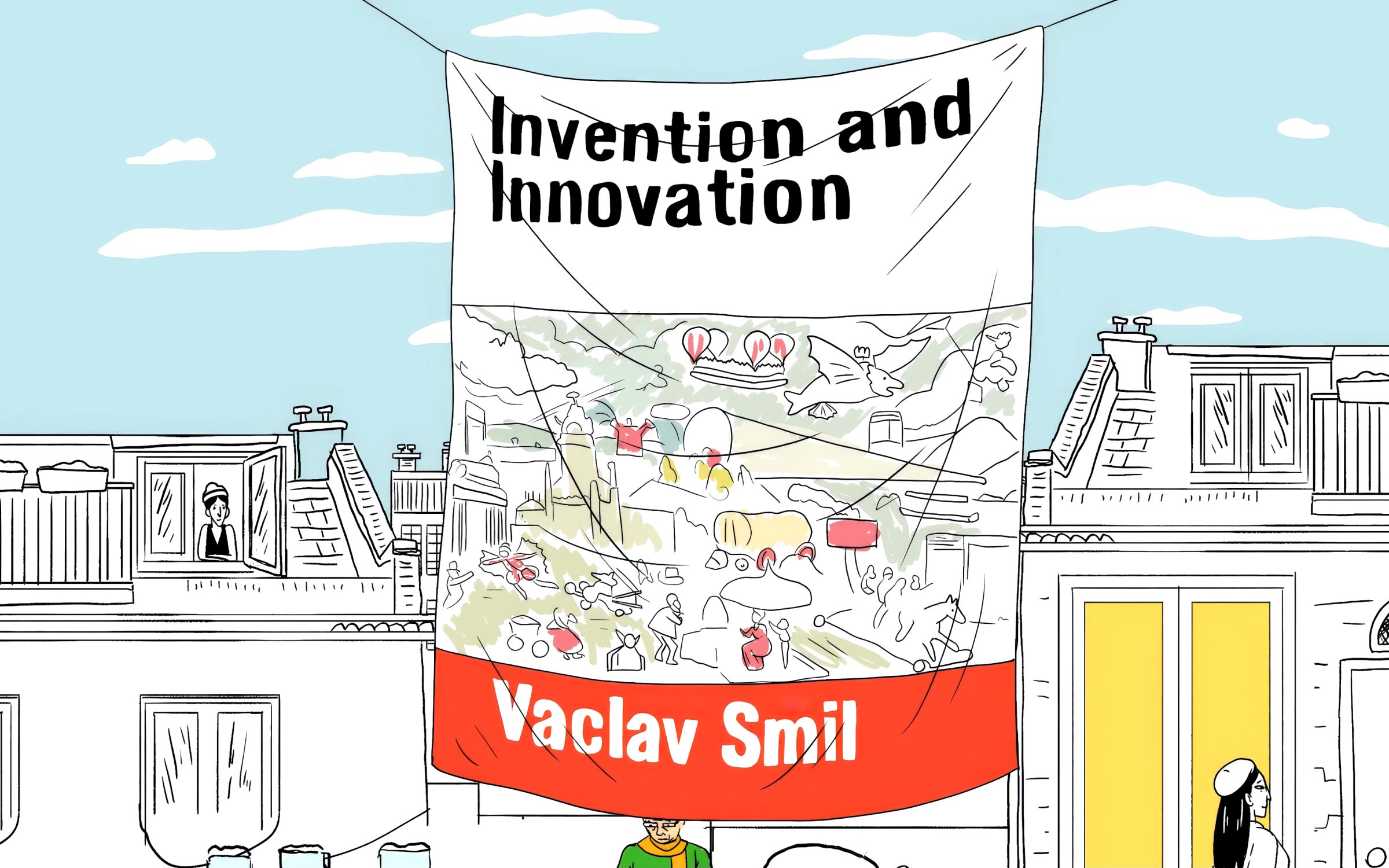 Illustration of “Invention and Innovation” book cover in holiday scene