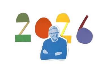 A paper cutout of Bill Gates folding his arms smiling in front of the numbers 2026.