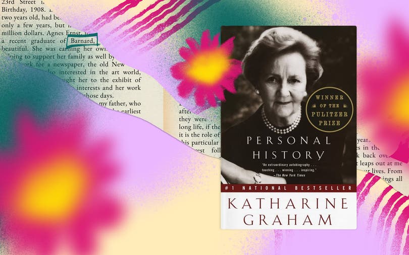 The book cover for Personal History by Katharine Graham on an illustrated background.