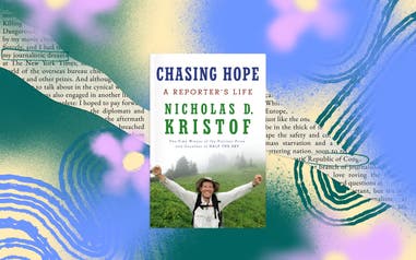 The book cover for Chasing Hope by Nicholas Kristof on an illustrated background.