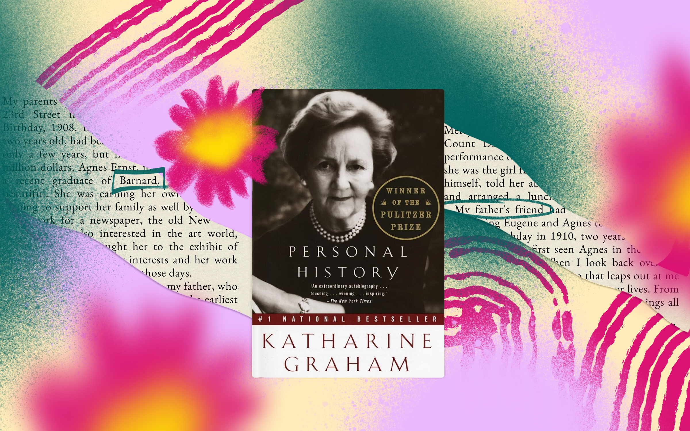 The book cover for Personal History by Katharine Graham on an illustrated background.