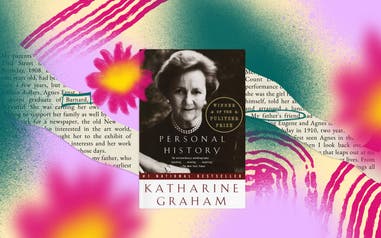 The book cover for Personal History by Katharine Graham on an illustrated background.