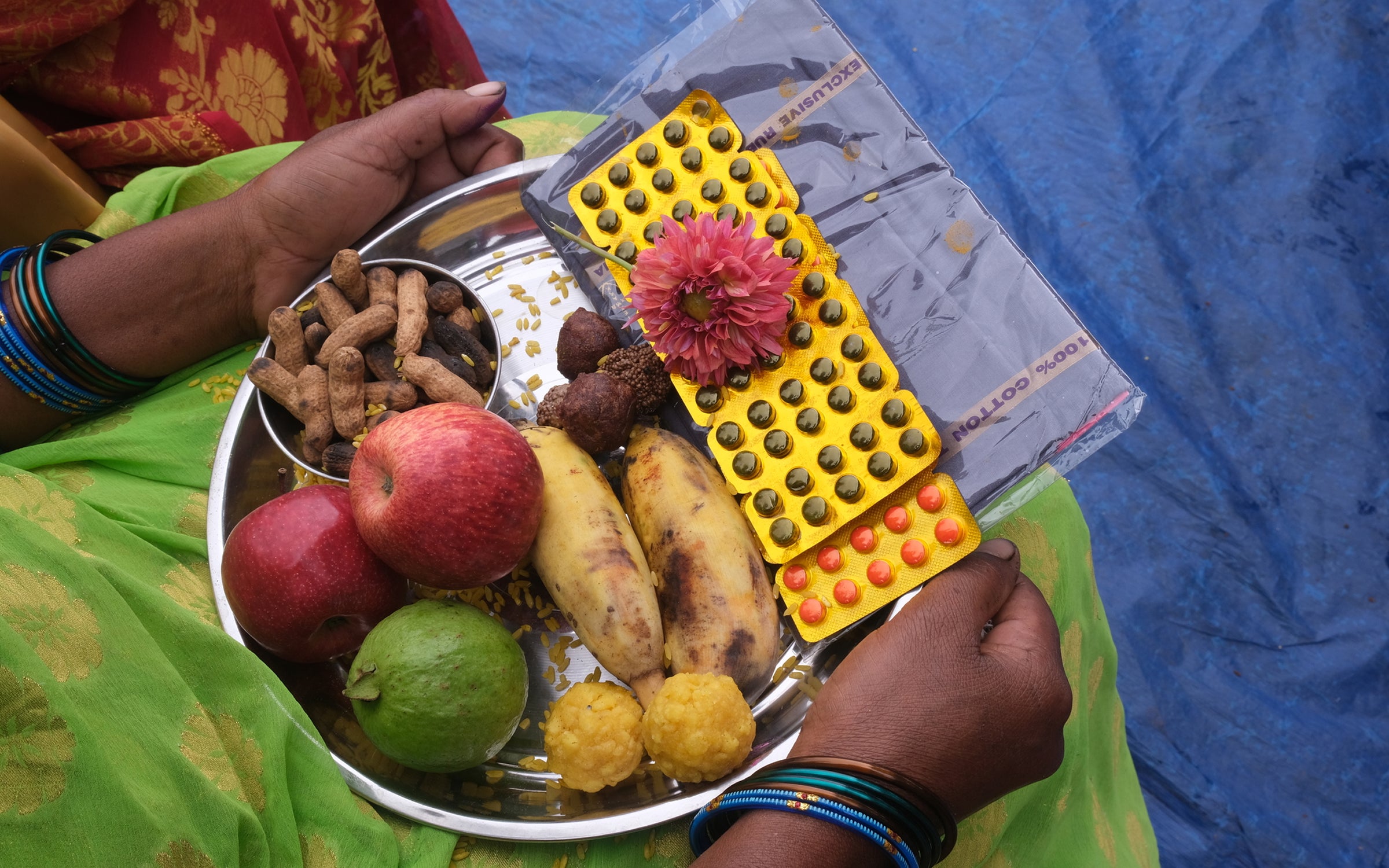 A closeup of a traditional gift given to a pregnant woman with folic acid and calcium tablets in  Andhra Pradesh, India.  