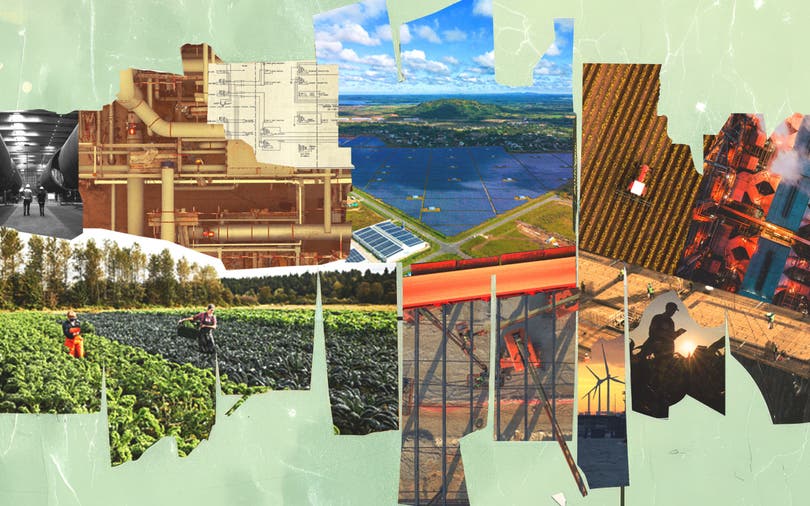 A composite of climate-related imagery including industrial pipes, solar panels, a tractor in a field, steam from manufacturing, farmers harvesting crops, a crane on a construction site, windmills, a man holding a tablet in a field, and construction workers preparing rebar for concrete.