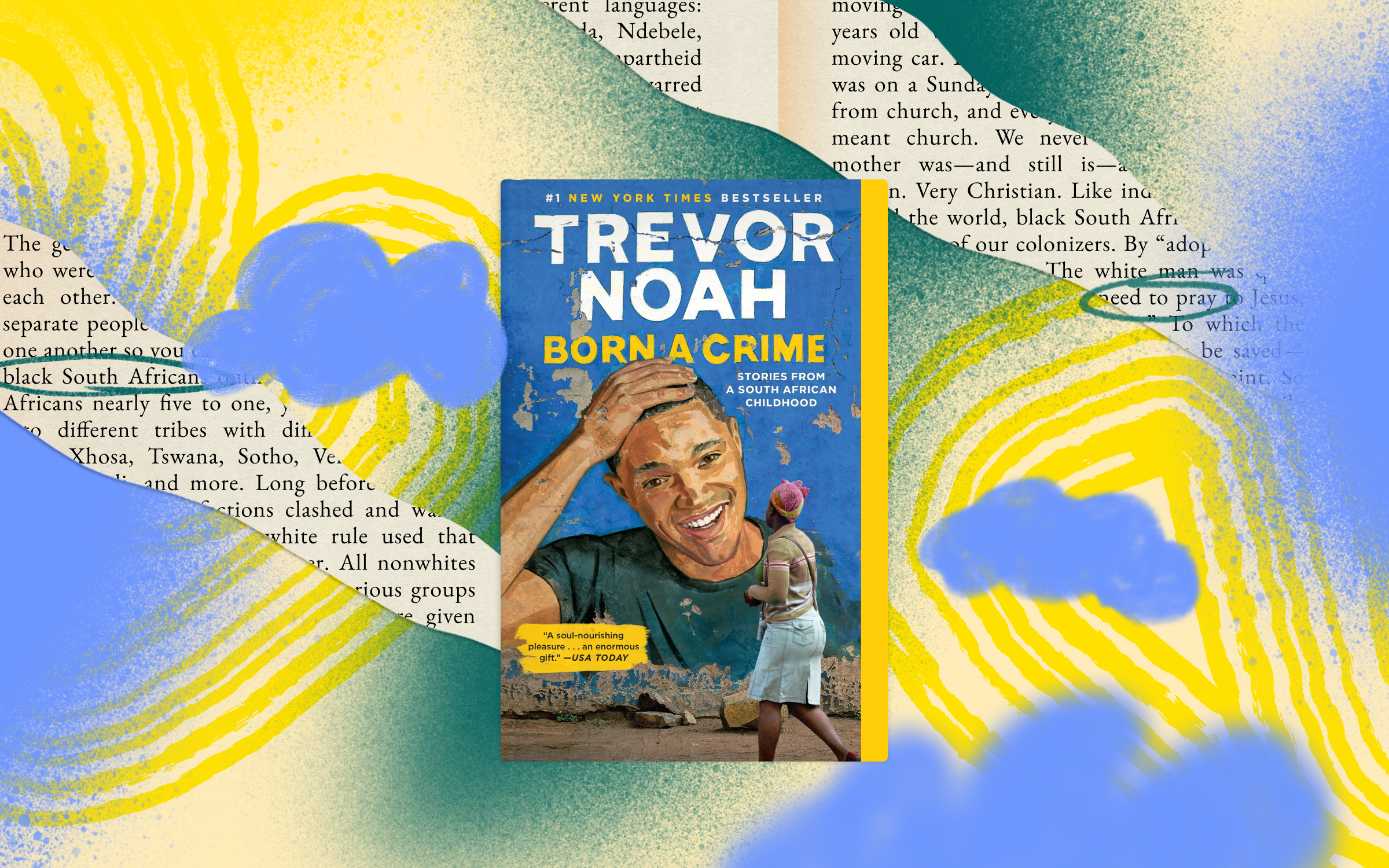 The book cover for Born a Crime by Trevor Noah on an illustrated background.
