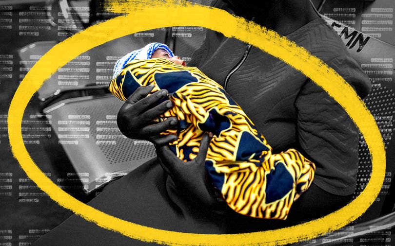 Mother holding a baby swaddled in a colorful blanket with a graphic yellow circle around the baby and a background suggesting months within the first five years of life.