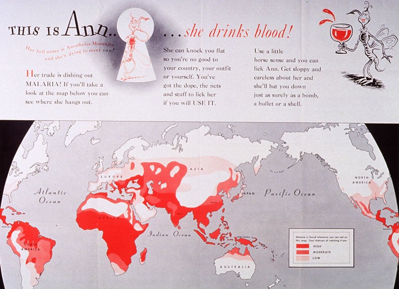 An Army poster from 1943 depicting risk levels for malaria around the world with a cartoon-style illustration of a mosquito that holds a goblet filled with blood.