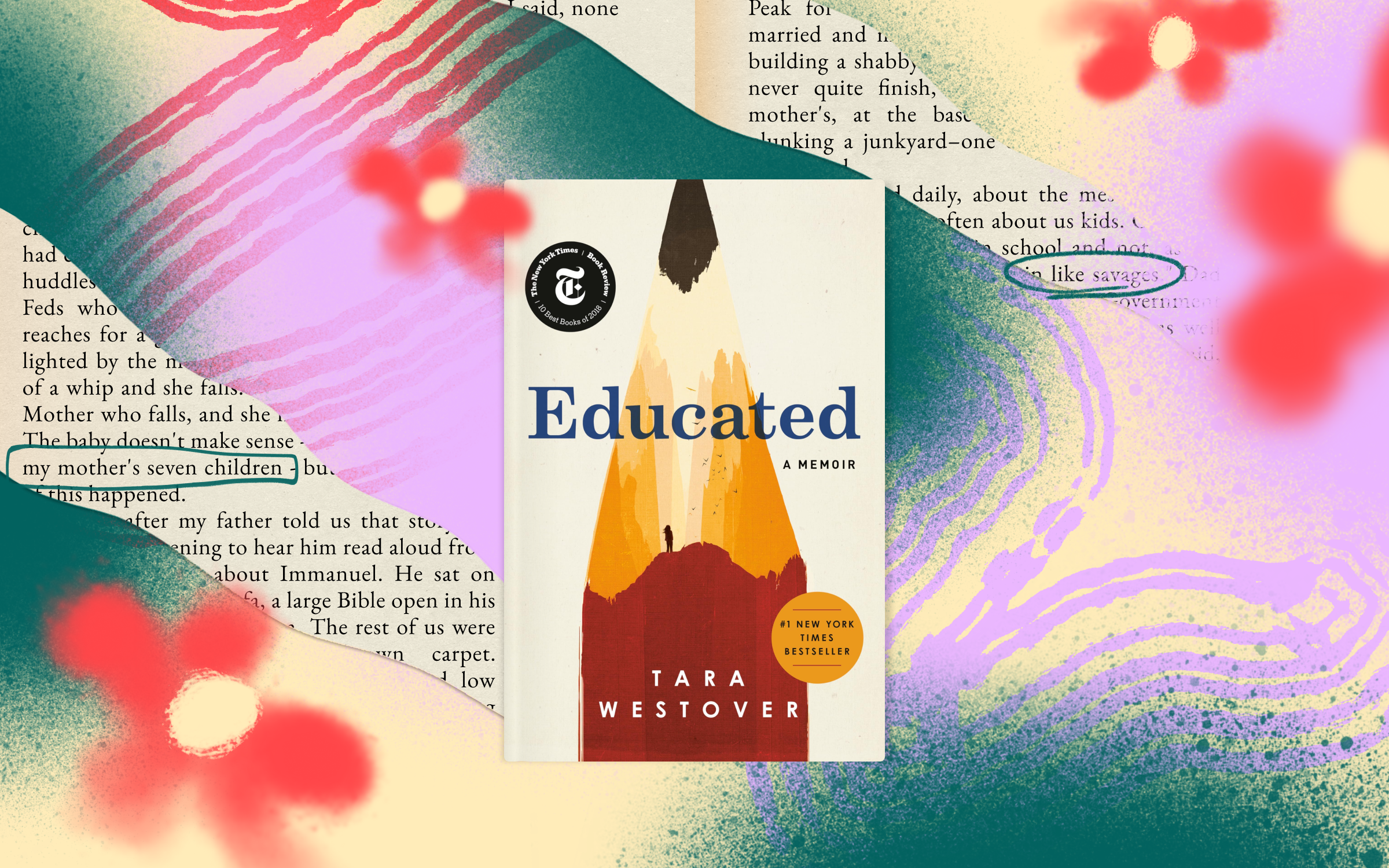 The book cover for Educated by Tara Westover on an illustrated background.