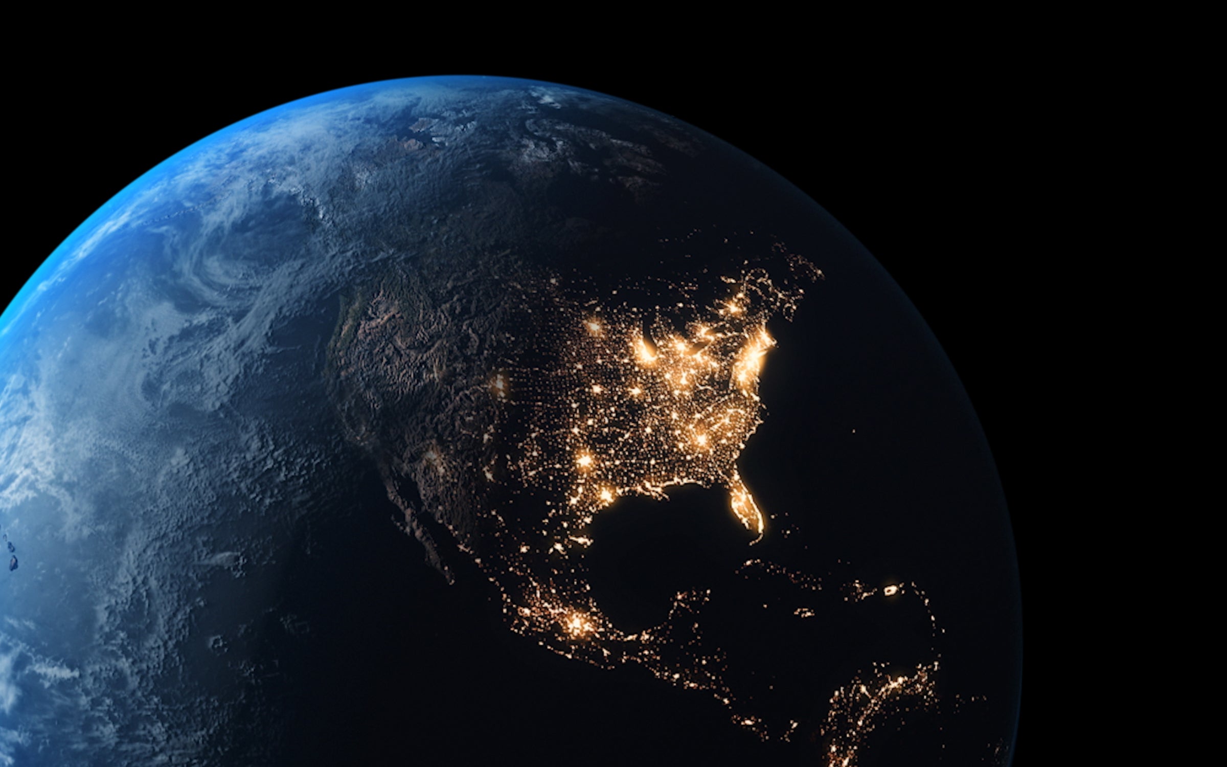 Lights illuminate Earth viewed from space.