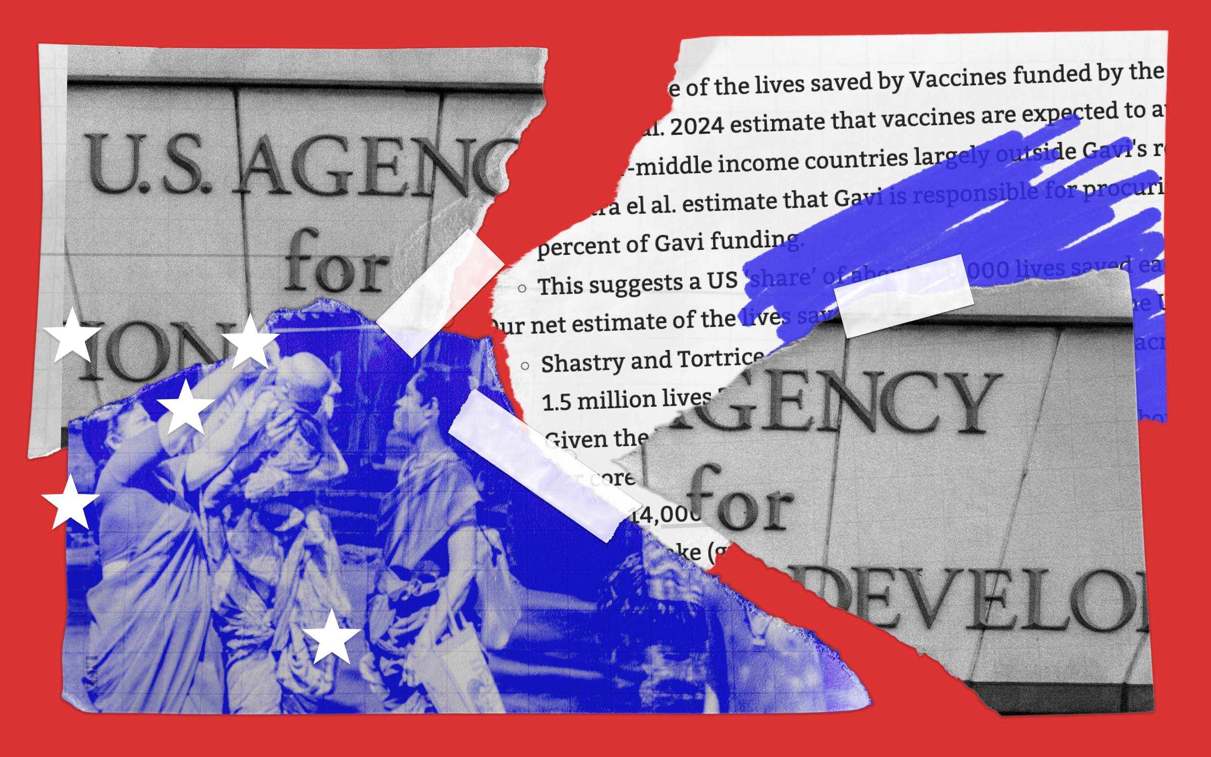 A collage of images related to federal health aid budget cuts.