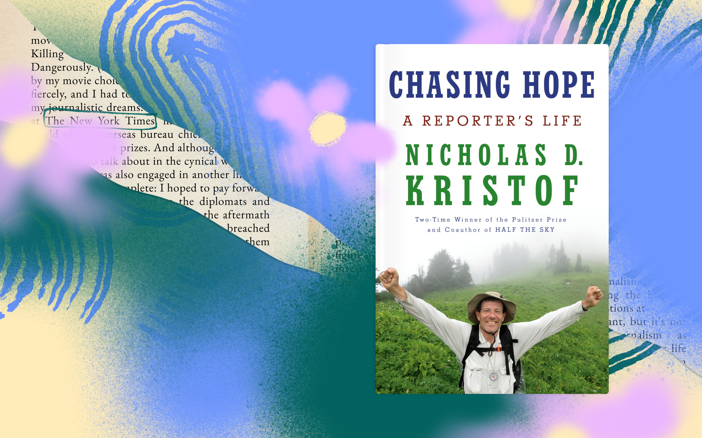 The book cover for Chasing Hope by Nicholas Kristof on an illustrated background.