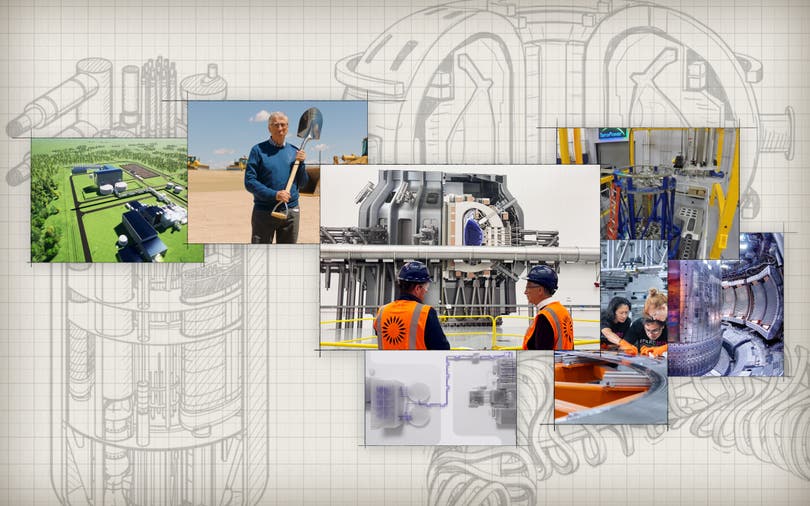 A collage of images representing innovation in nuclear fission and fusion.