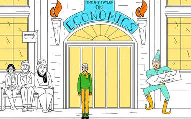 Illustration of Bill Gates standing in front of a building titled Timothy Taylor on Economics