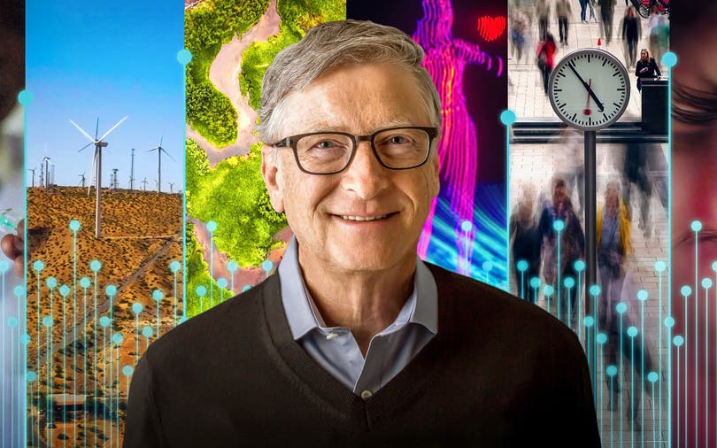 Bill Gates smiling to camera with a background graphic covering the topics in the Netflix series “What’s Next? The Future with Bill Gates”.