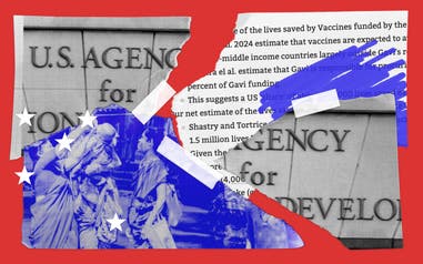 A collage of images related to federal health aid budget cuts.