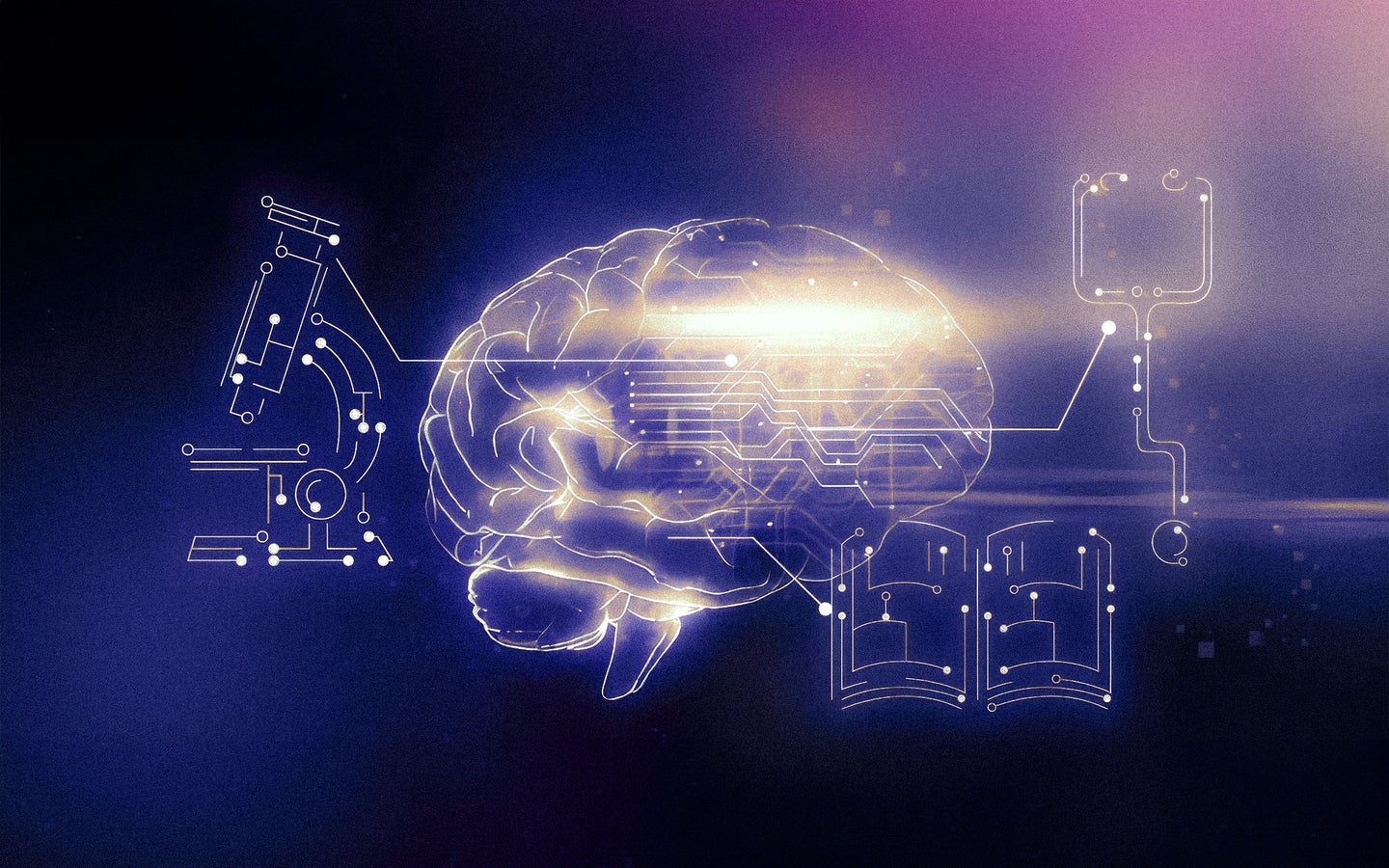 Graphic concept of a human brain with digital line drawings of objects labeling parts of the brain