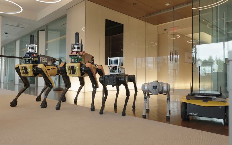 Various types of robots lined up during a Field AI technology demonstration.