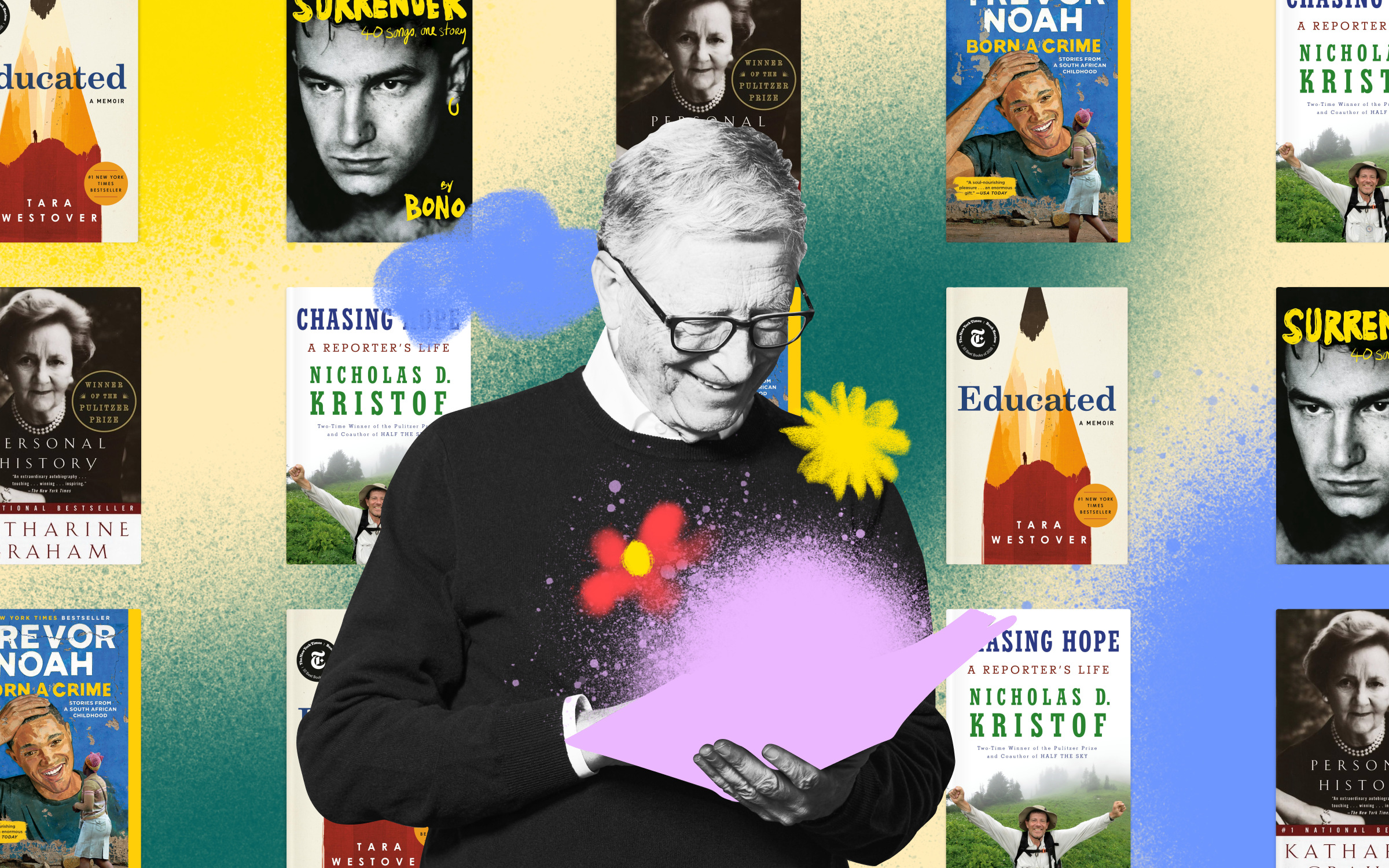 Bill Gates holds a book open and smiles in front of images of book covers on an illustrated background.