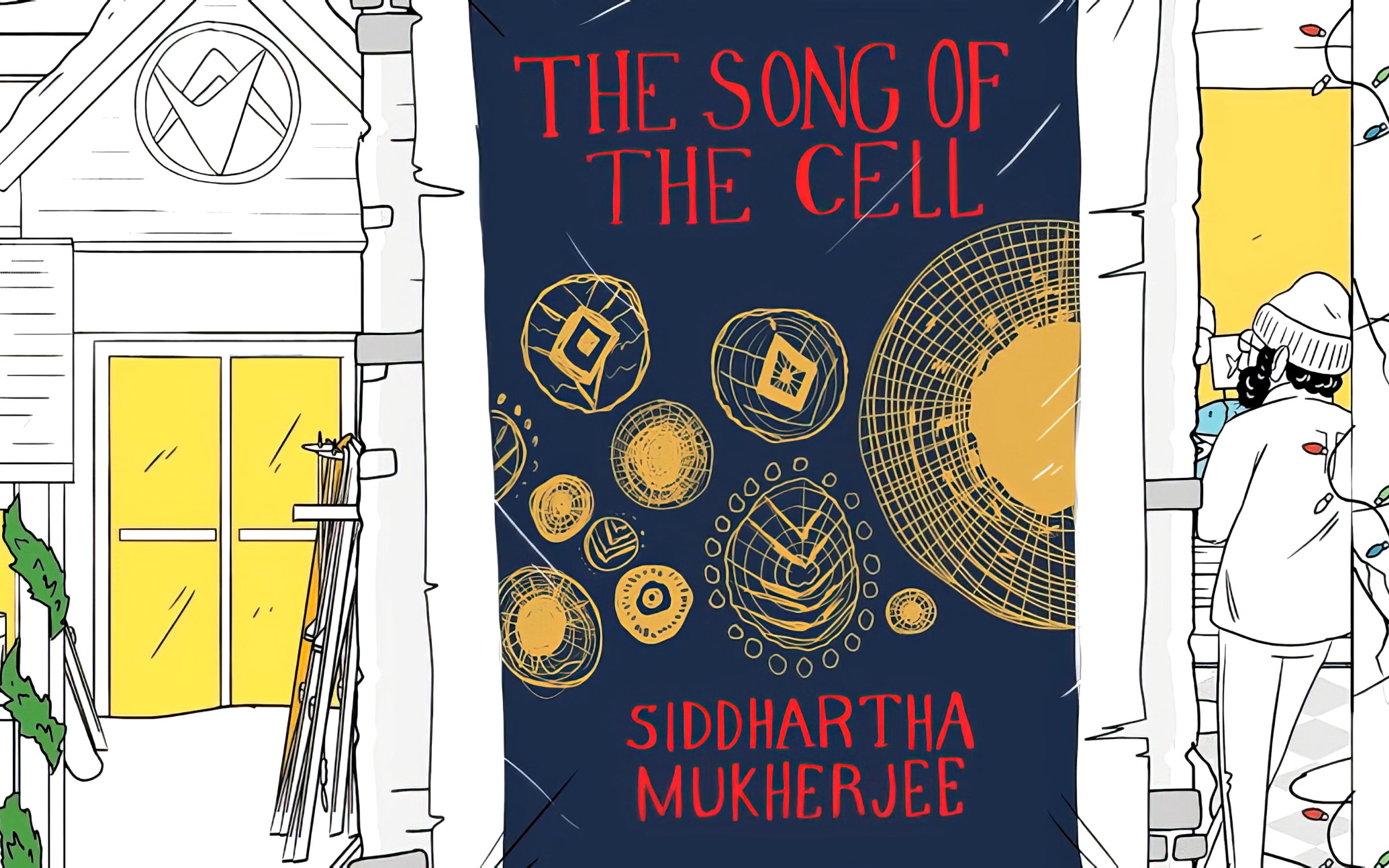 Illustration of “The Song of the Cell” book cover in holiday scene