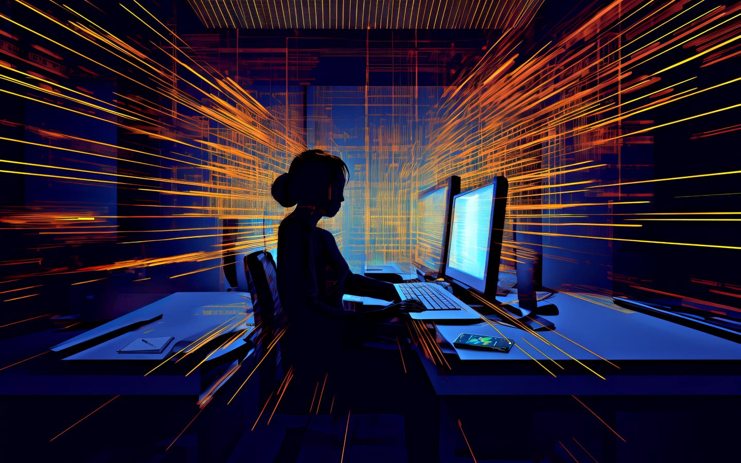 AI generated graphic of a person sitting at a computer