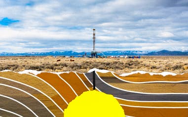 An image of Fervo Energy's Cape Station with an illustration of geothermal energy below the ground.