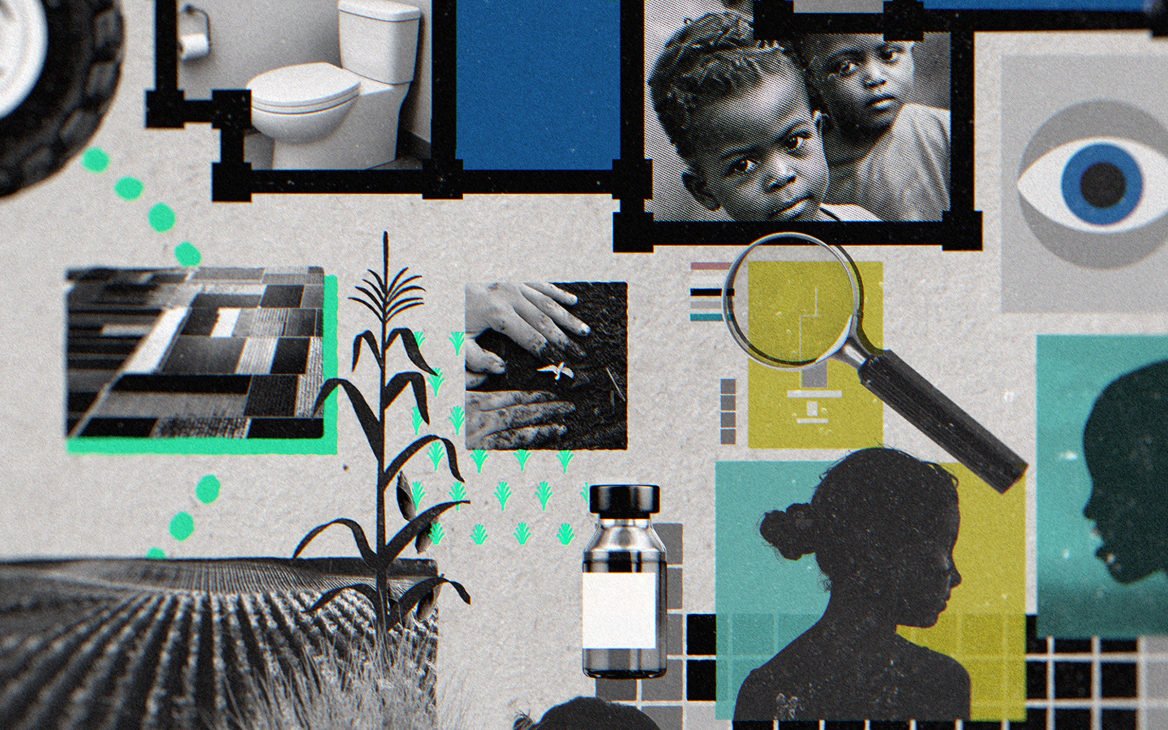 A collage of images on a grey background to illustrate signs of progress in agriculture and global health.
