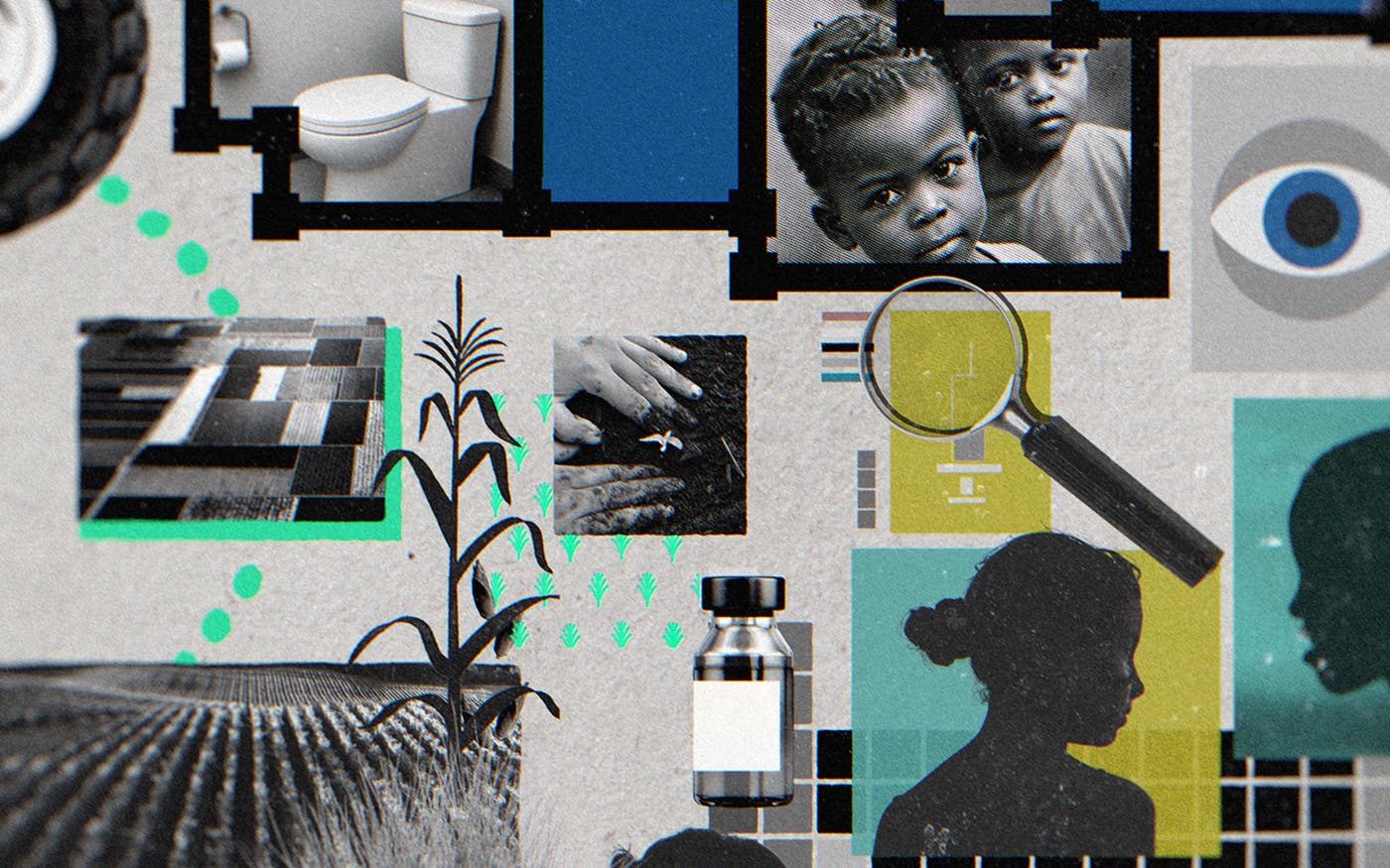 A collage of images on a grey background to illustrate signs of progress in agriculture and global health.