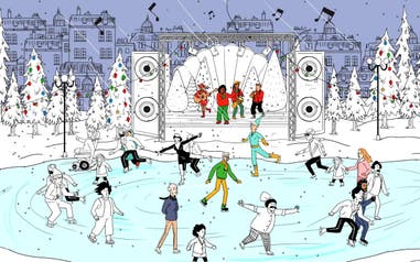 Winter scene of ice skating and a band on a stage