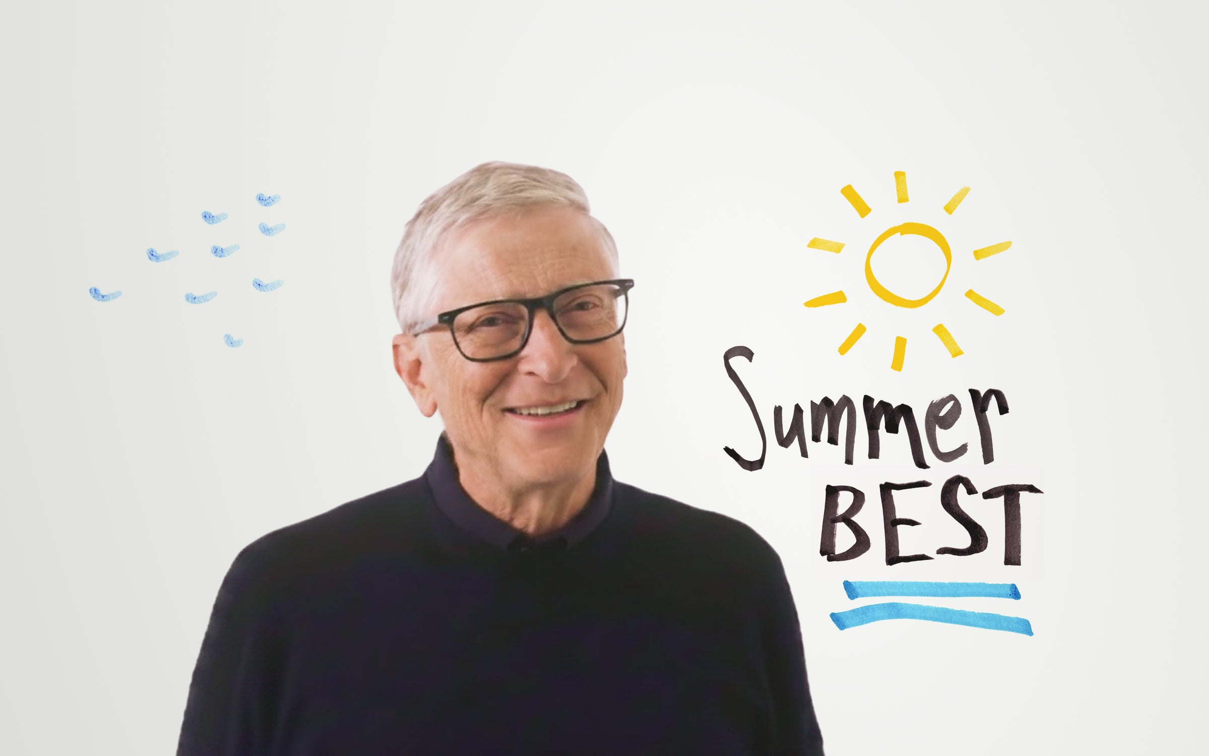 Bill Gates smiling with illustrated birds and a sun and handwritten words "Summer BEST".